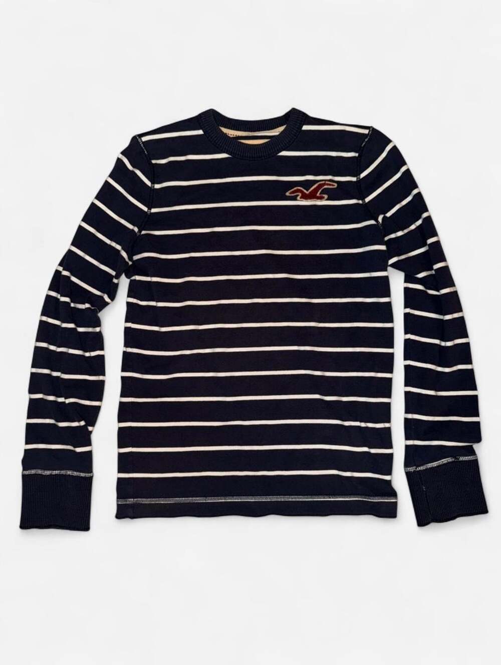 Y2K 2010 Hollister Long Sleeve Striped T-Shirt Size S Navy White Eagle Patch